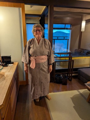 Julia dressed in the robe for dinner
