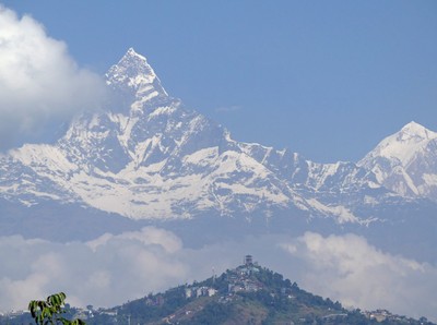 View of Sarangkot and Machapuchare, the Fishtail Mountain, from the Peace Pagoda, Pokhara