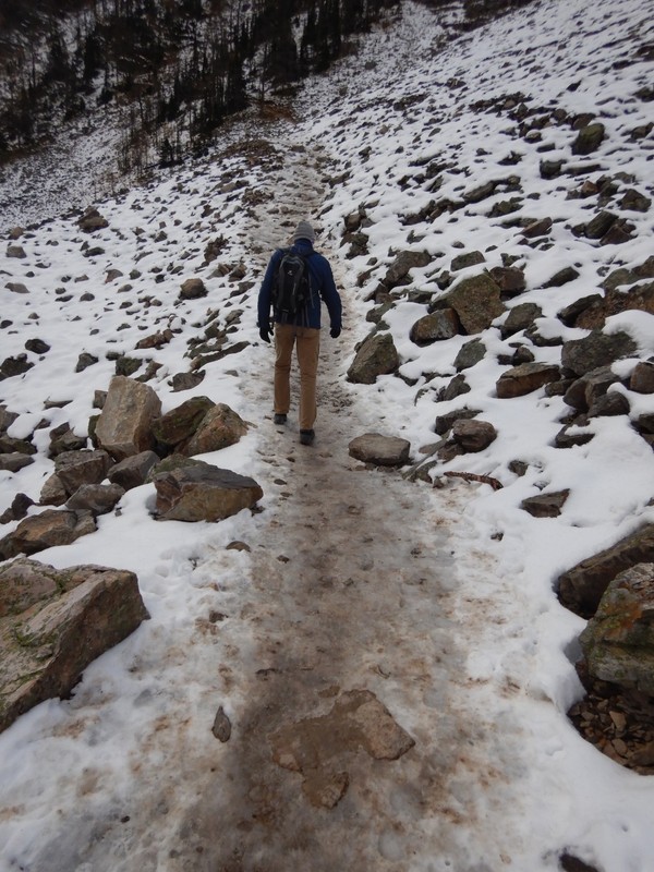 TheBeehiveTrail went up endless switchbacks which had become iced over from snow melting during the day and freezing at night; I couldn't stand up and resorted to crawling for stretches while Lee pulled me along the rest of the way(and it was a long way!)