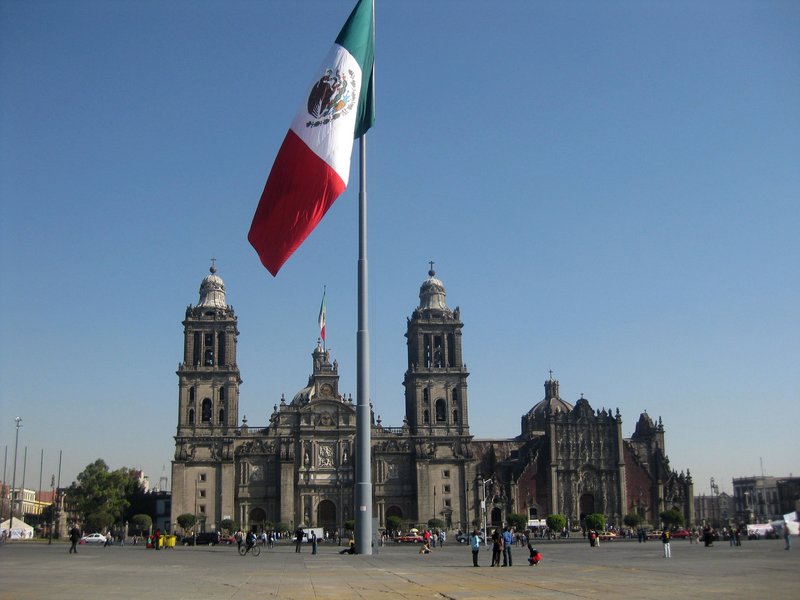 The Zócalo with the huge Mexican flag